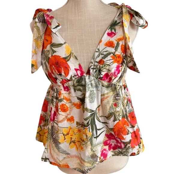 Chelsea & Violet Tropical Floral Linen Blend Babydoll Y2K Tie Straps Tank Top M - Picture 12 of 12